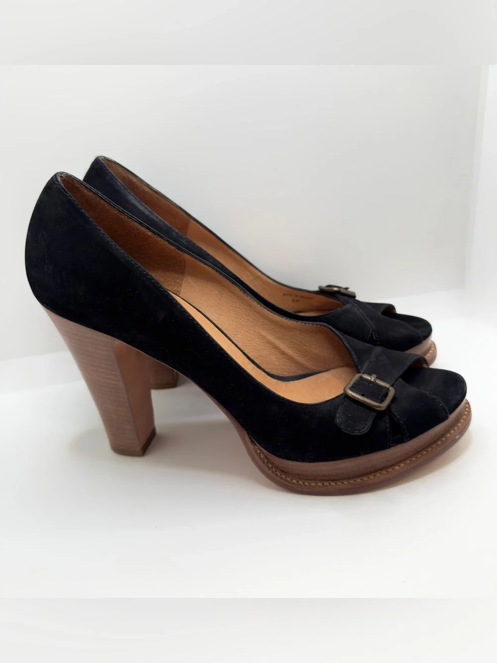 Michael Kors Black Suede Peep-Toe Block Heel Pumps with Buckle